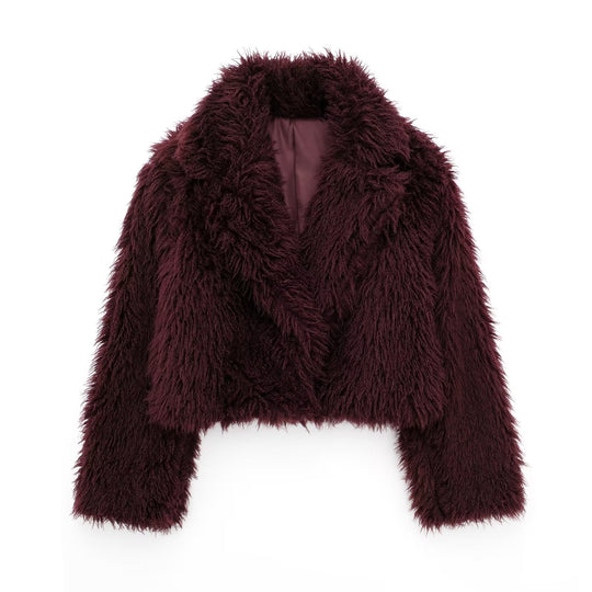 Damen Kurze Boxy-Plüschjacke im Shaggy-Look mit fallendem Revers Nord Taschen