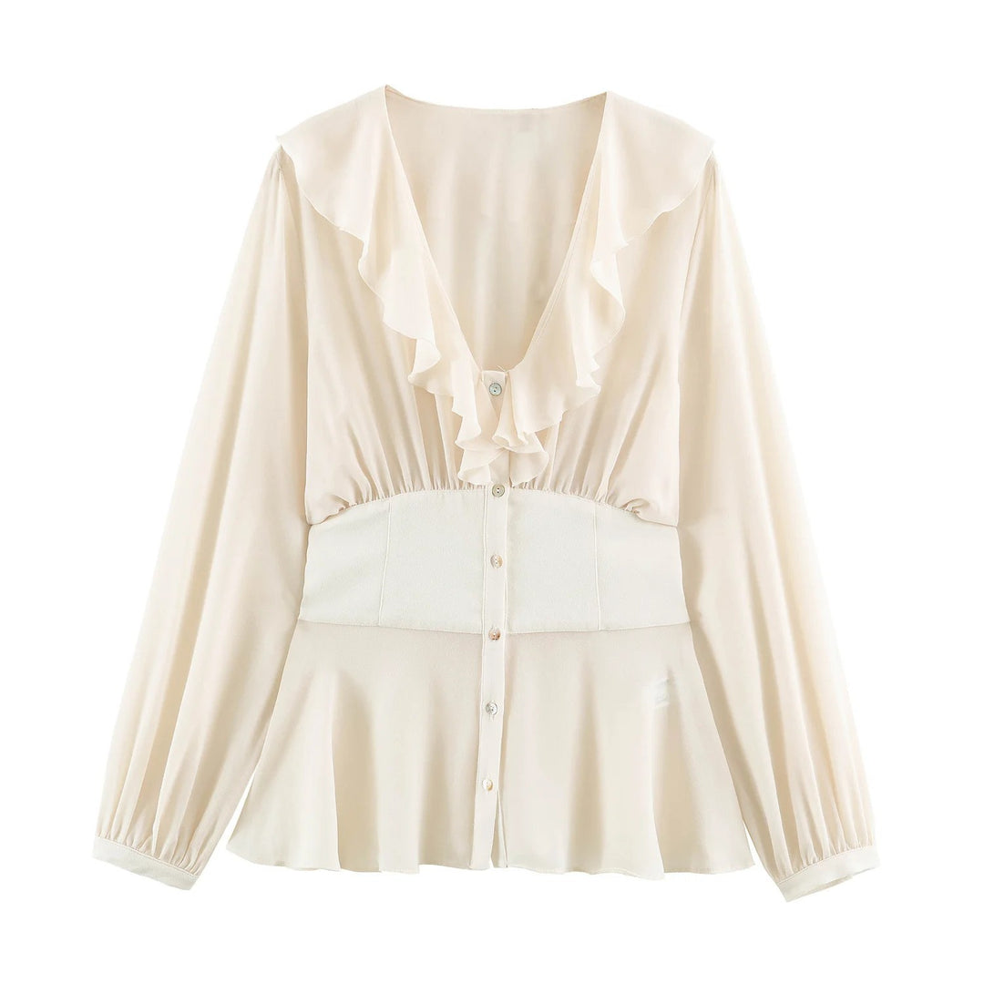 Damen Filigrane V‑Neck‑Bluse mit Volantkragen, taillierter Bundpasse und Ballonärmeln Nord Taschen