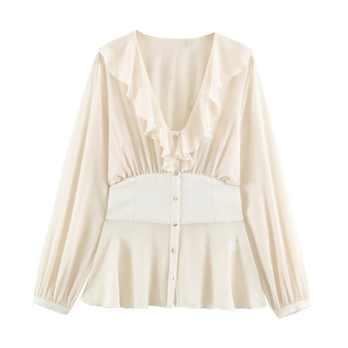 Damen Filigrane V‑Neck‑Bluse mit Volantkragen, taillierter Bundpasse und Ballonärmeln Nord Taschen