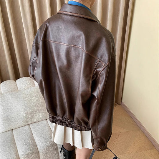 Damen Oversize-Lederimitatjacke mit Hemdkragen und Reißverschluss Nord Taschen