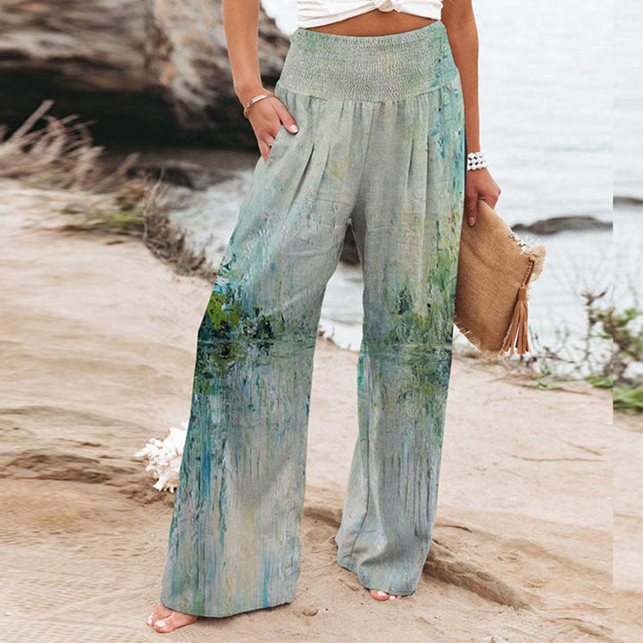 Damen weite Floral-Hose mit elastischem Bund und seitlichen Taschen