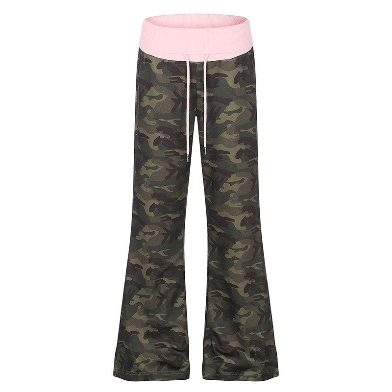 Damen Palazzo-Loungehose mit hohem Umschlagbund, Kordelzug und Camouflage-Muster Nord Taschen