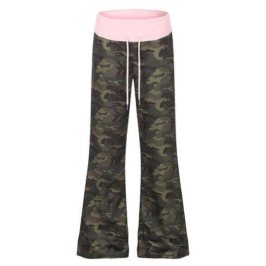 Damen Palazzo-Loungehose mit hohem Umschlagbund, Kordelzug und Camouflage-Muster Nord Taschen
