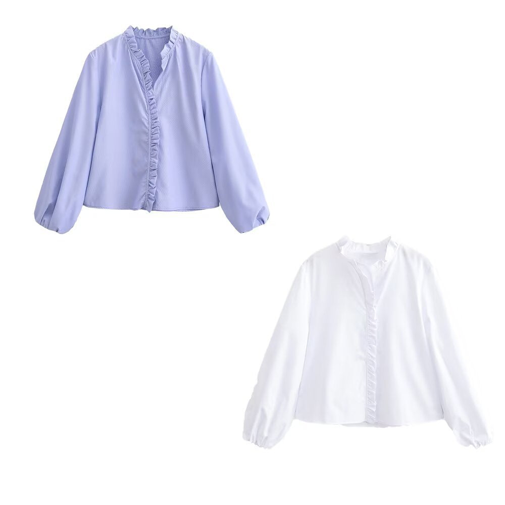 Damen Rüschenbluse mit V-Ausschnitt und Ballonärmeln Nord Taschen
