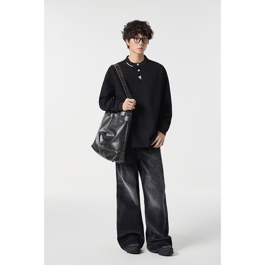 Unisex Gerippter Oversize-Henley-Pullover mit Knopfleiste Nord Taschen