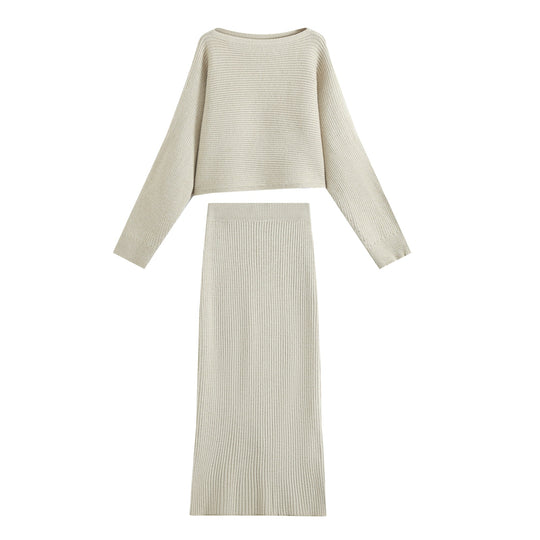 Damen Zweiteiliges Rippstrick-Set mit kurzem Pullover und Midirock Nord Taschen
