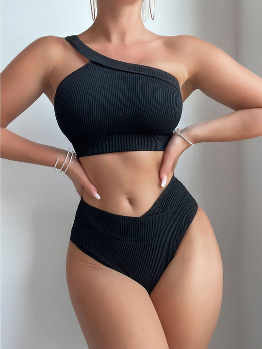 Damen Einseitig geschnittener Bikini-Top und hochtaillierte Bikinihose