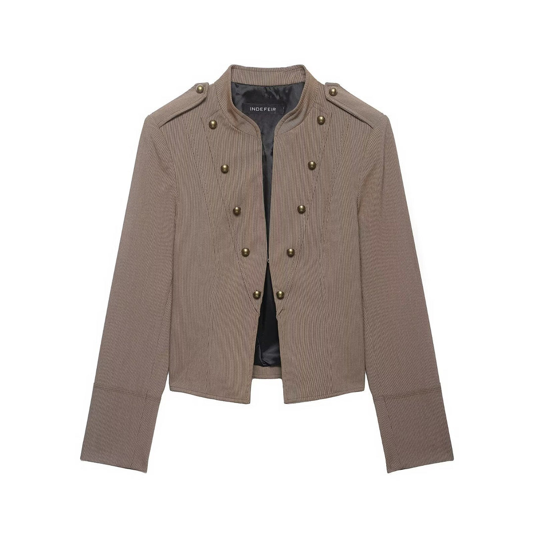 Damen Militärinspirierte Kurzjacke mit Stehkragen, doppelter Zierknopfleiste und Epauletten Nord Taschen