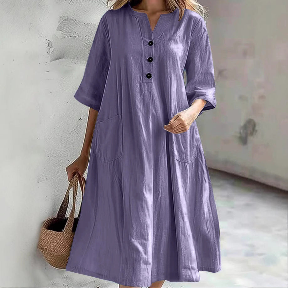 Damen lässiges Baumwollkleid mit Knopfleiste und praktischen Taschen