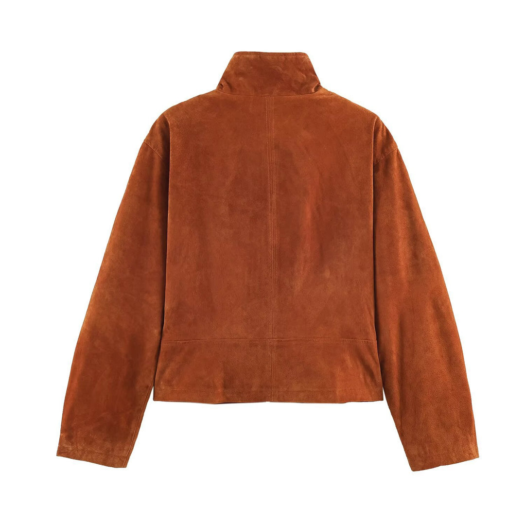 Damen Kurz geschnittene Wildlederjacke im Blouson‑Stil mit taillierten Abnähern und Metallreißverschlüssen Nord Taschen