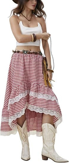 Damen Boho Maxi-Rock mit asymmetrischem Saum und Spitzenverzierungen