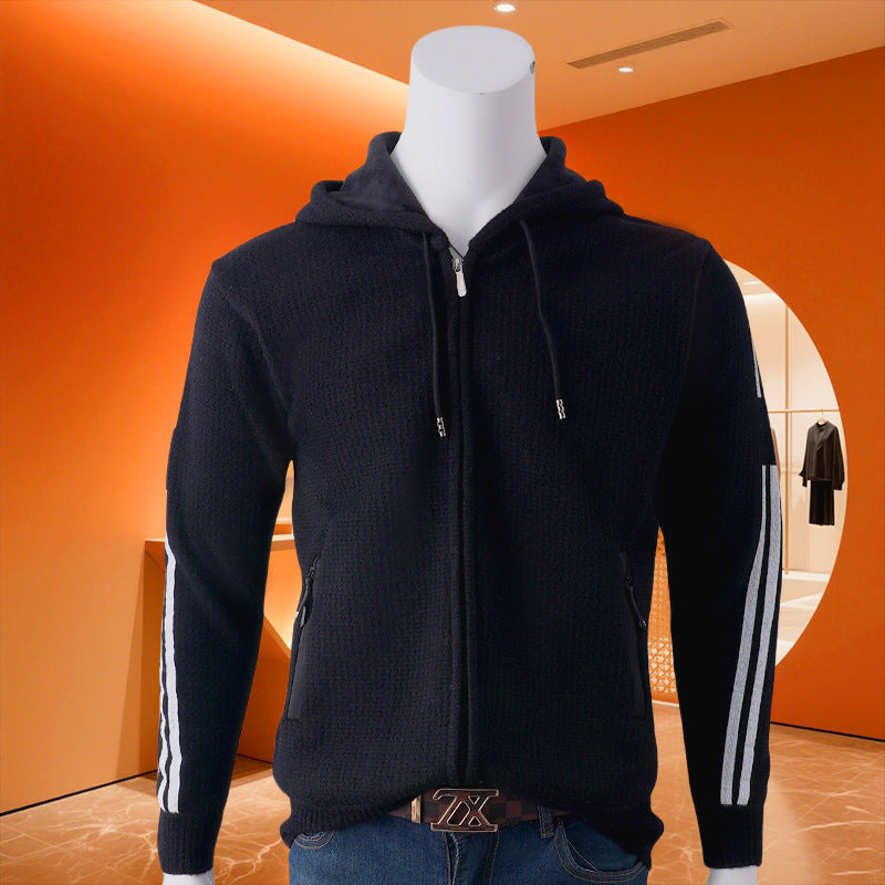Herren Kapuzen-Sweatjacke mit Reißverschluss, texturierter Strick, Seitentaschen und Kontraststreifen Nord Taschen