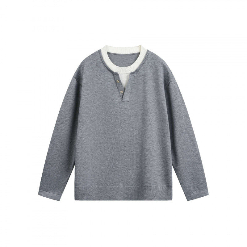 Herren Leichter Feinstrick-Henley-Pullover mit Kontrastkragen und Relaxed-Schnitt Nord Taschen