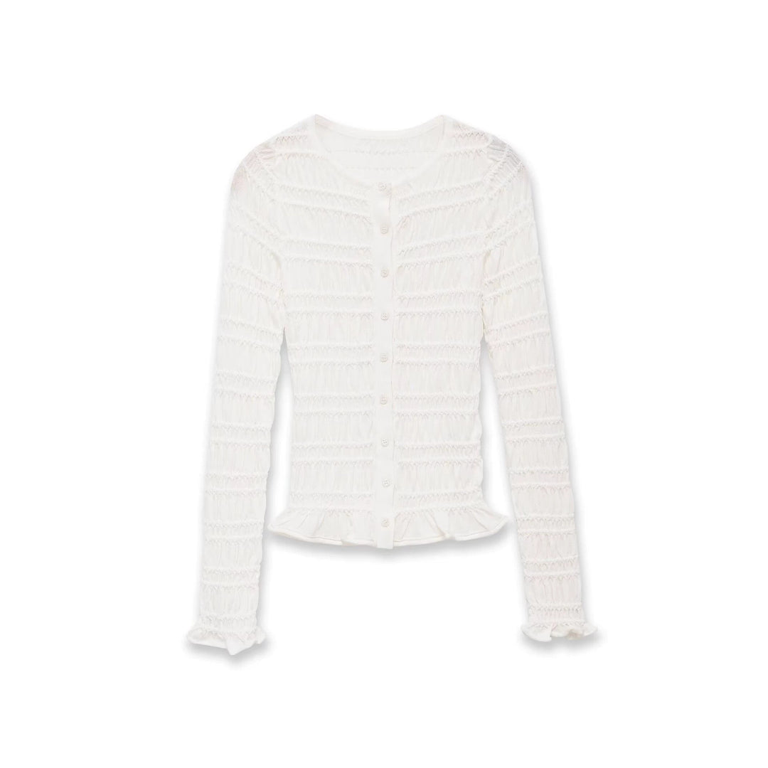 Damen Gesmoktes Feinstrick-Cardigan mit Rüschenabschluss und Knopfleiste Nord Taschen
