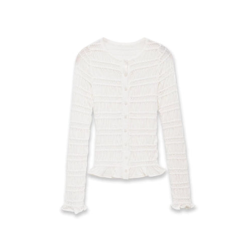 Damen Gesmoktes Feinstrick-Cardigan mit Rüschenabschluss und Knopfleiste Nord Taschen