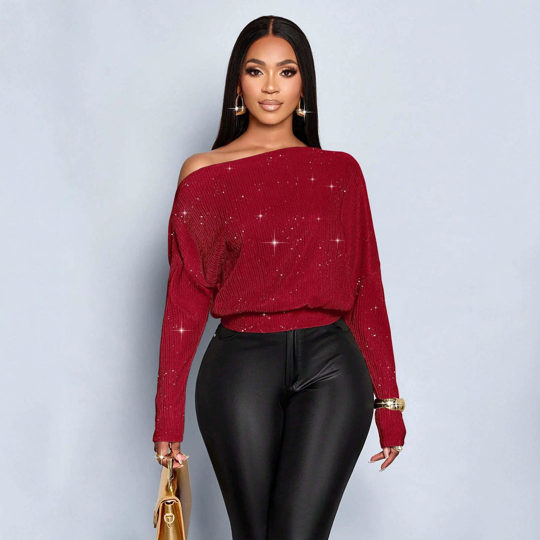Damen Überschnittener Rippstrick-Pullover mit One-Shoulder und tailliertem Bündchen Nord Taschen