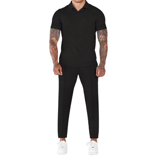 Herren elegantes Kurzarm-Hemd- und Hose-Set mit strukturiertem Design und komfortabler Passform - Arvani