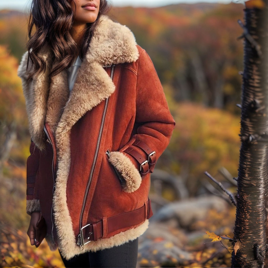 Damen Kurze Fliegerjacke mit Teddyfutter, weichem Lammfellkragen und Reißverschluss Nord Taschen