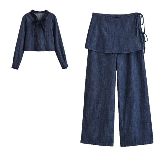 Damen Weite Denim-Hose mit Wickelrock-Overlay und Bindebändern Nord Taschen