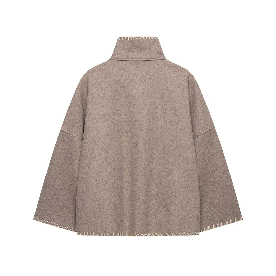 Damen Wollmix-Cape mit hohem Stehkragen, dekorativer Ziernaht und Knopfleiste Nord Taschen