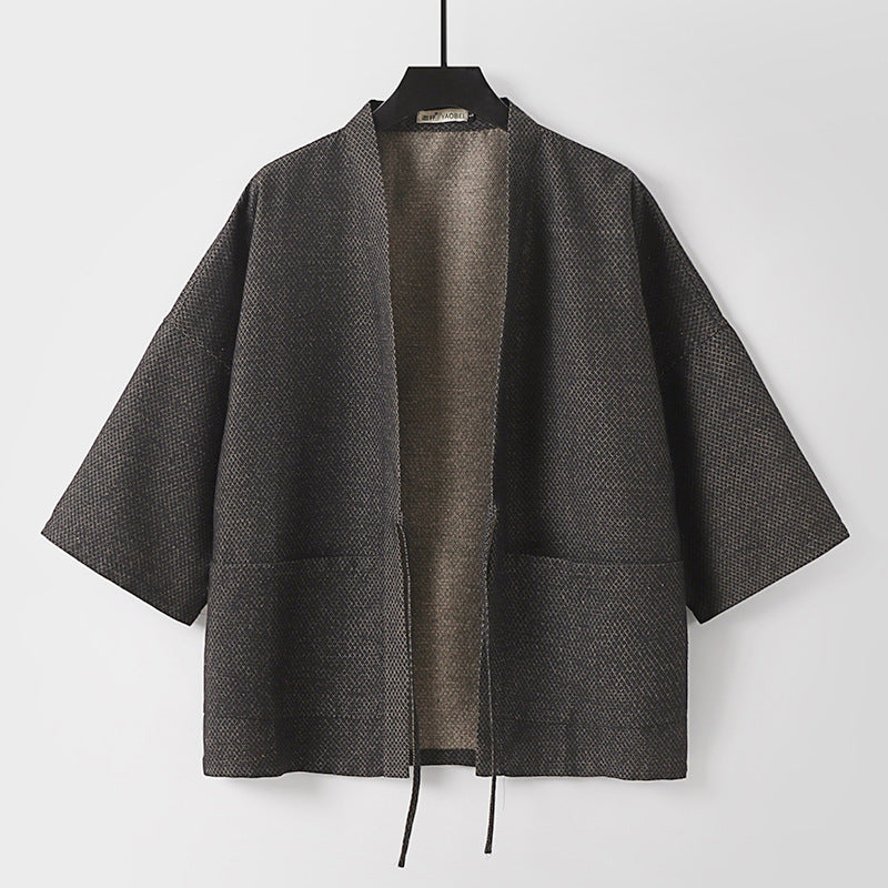 Herren Lockerer Kimono-Cardigan aus strukturierter Baumwollmischung mit kurzem Ärmel und Bindeband Nord Taschen