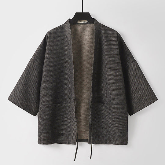 Herren Lockerer Kimono-Cardigan aus strukturierter Baumwollmischung mit kurzem Ärmel und Bindeband Nord Taschen