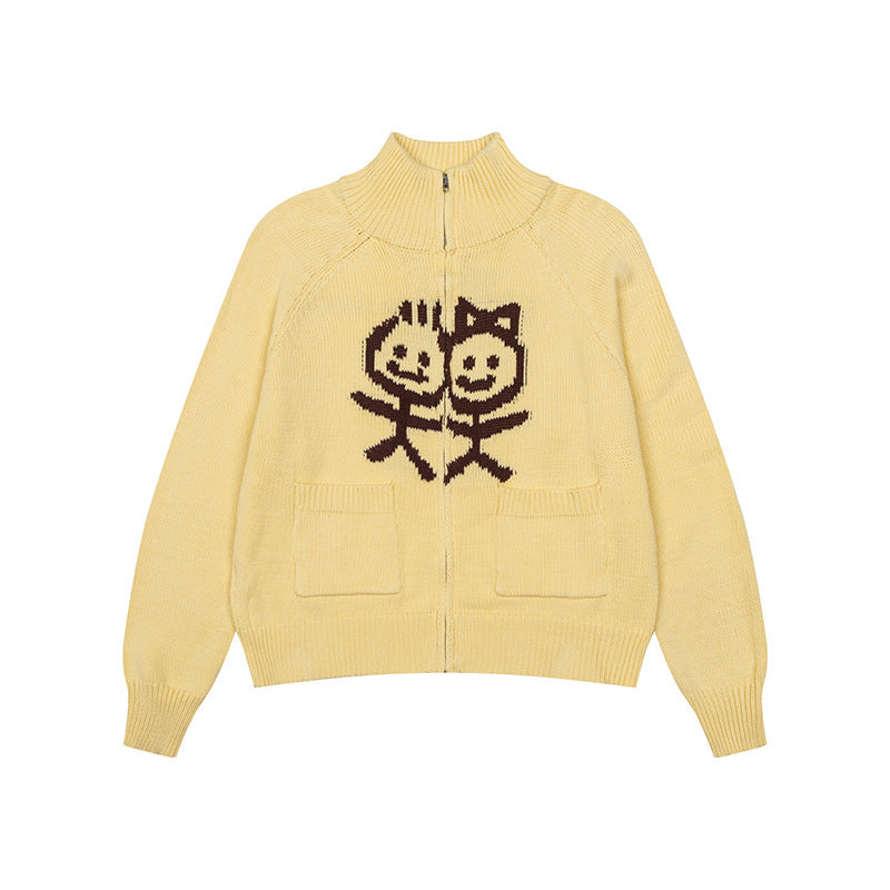 Damen Grobstrick-Zipcardigan mit Stehkragen, aufgesetzten Taschen und Cartoon-Intarsie Nord Taschen