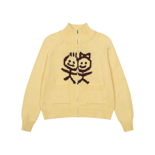 Damen Grobstrick-Zipcardigan mit Stehkragen, aufgesetzten Taschen und Cartoon-Intarsie Nord Taschen