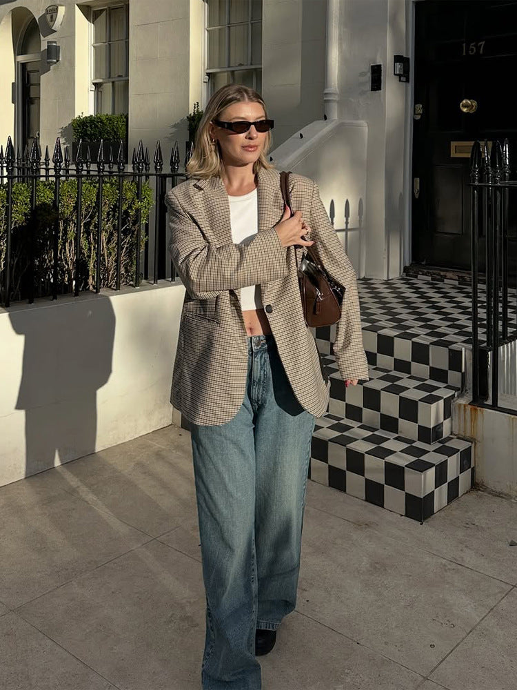 Damen Oversize Glencheck-Sakko mit kastiger Silhouette und aufgesetzten Taschen Nord Taschen