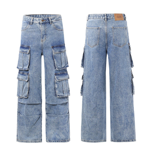 Damen Weite Cargo-Denimhose mit mehreren Klappentaschen und Baggy‑Silhouette Nord Taschen