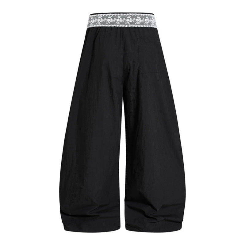 Damen Weite Palazzo-Loungehose mit elastischem Komfortbund, Kontraststreifen und Spitzenschnur Nord Taschen