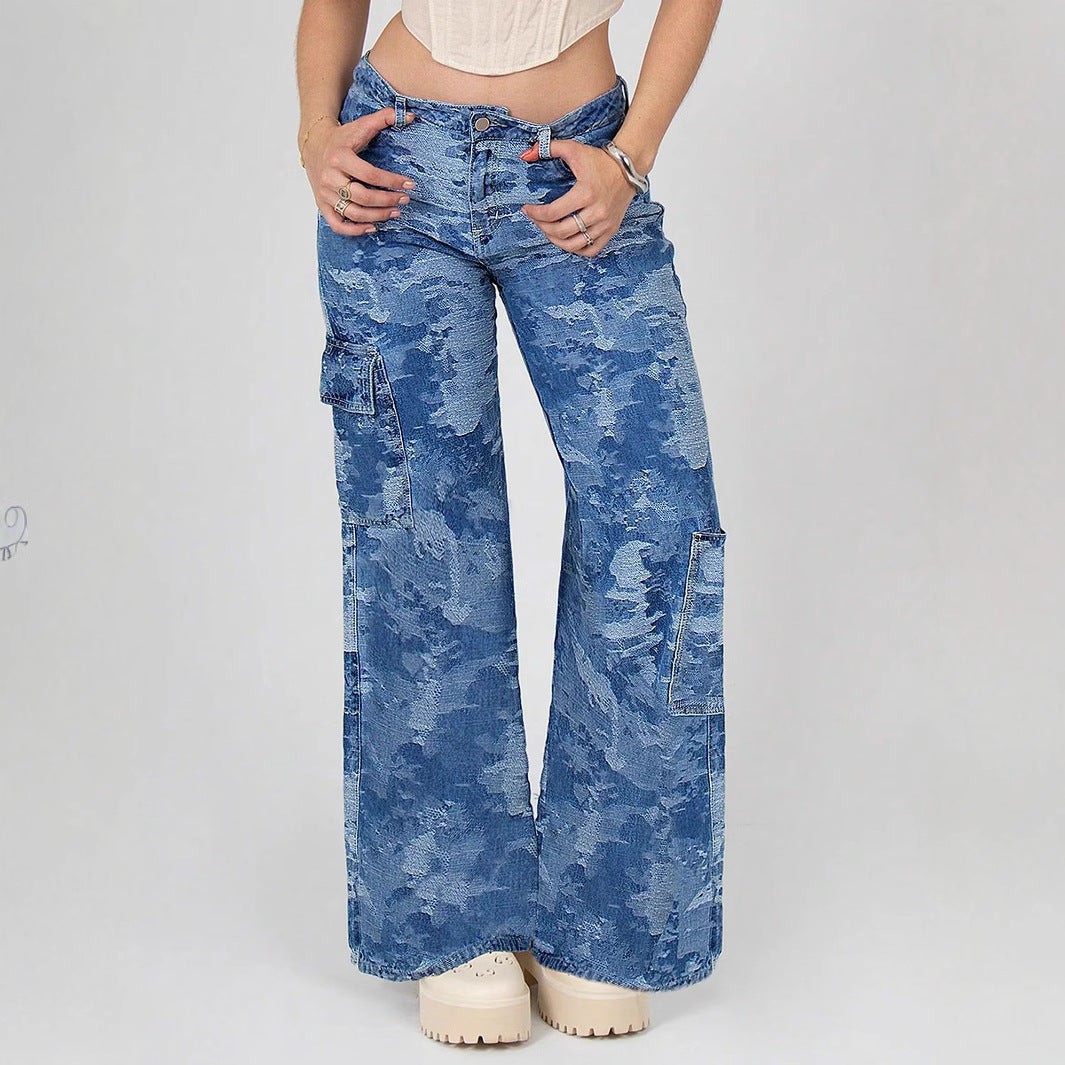 Damen Cargo-Flared-Jeans mit Camouflage-Waschung Nord Taschen