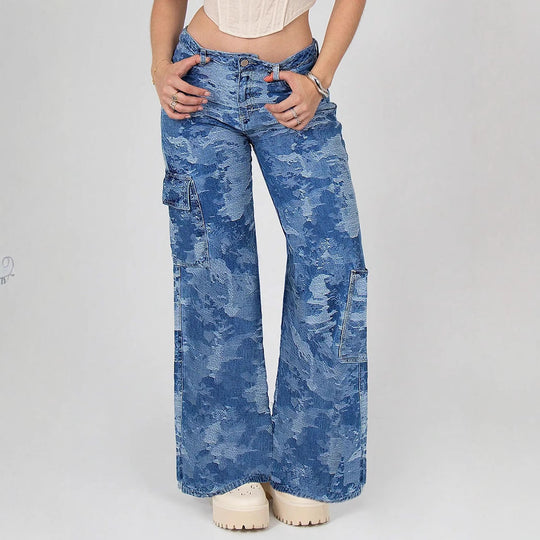 Damen Cargo-Flared-Jeans mit Camouflage-Waschung Nord Taschen