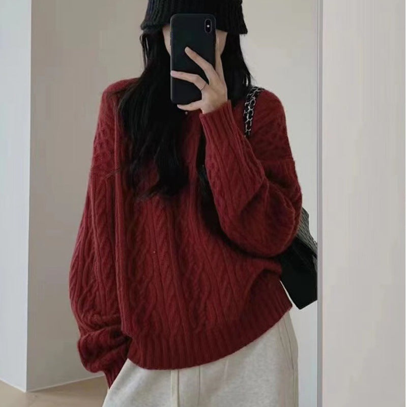 Damen Oversize Zopfmuster‑Pullover mit Rundhalsausschnitt und lässiger Schulterpartie Nord Taschen