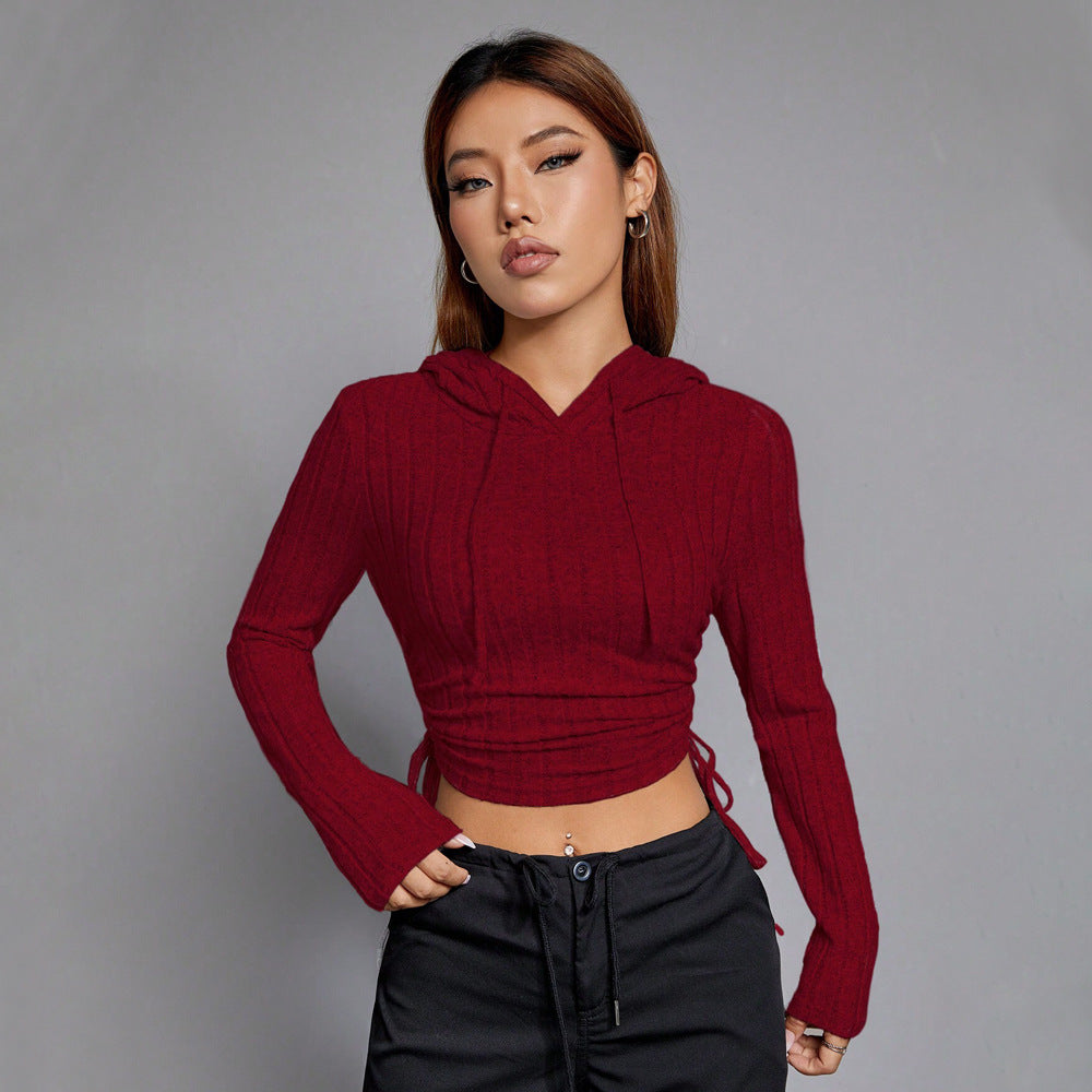 Damen geripptes Crop-Hoodie mit Tunnelzugseitennähten, figurbetonter Silhouette und langen Ärmeln Nord Taschen