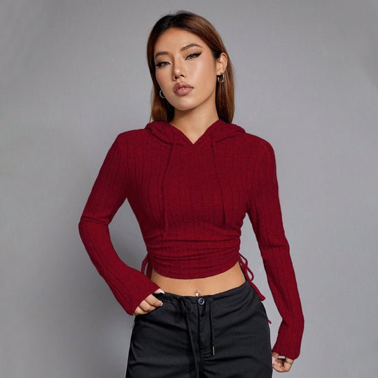 Damen geripptes Crop-Hoodie mit Tunnelzugseitennähten, figurbetonter Silhouette und langen Ärmeln Nord Taschen