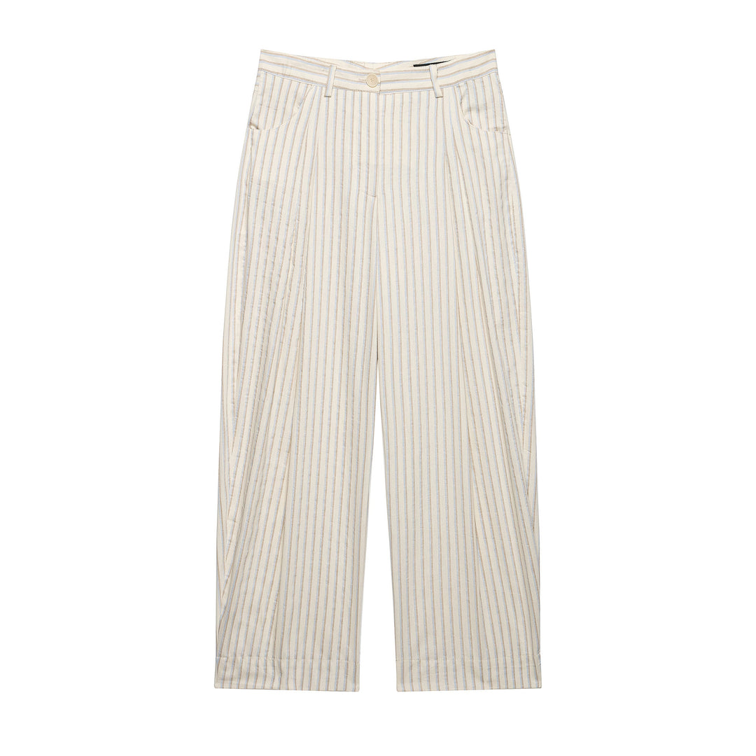 Damen Weite Leinenhose mit hoher Taille, Streifenmuster und aufgesetzten Taschen Nord Taschen