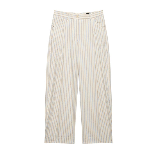 Damen Weite Leinenhose mit hoher Taille, Streifenmuster und aufgesetzten Taschen Nord Taschen