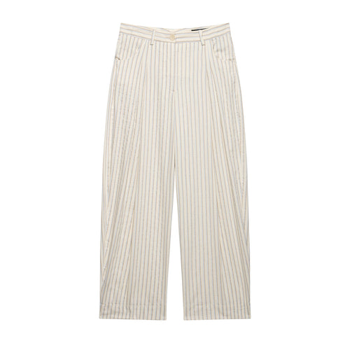 Damen Weite Leinenhose mit hoher Taille, Streifenmuster und aufgesetzten Taschen Nord Taschen