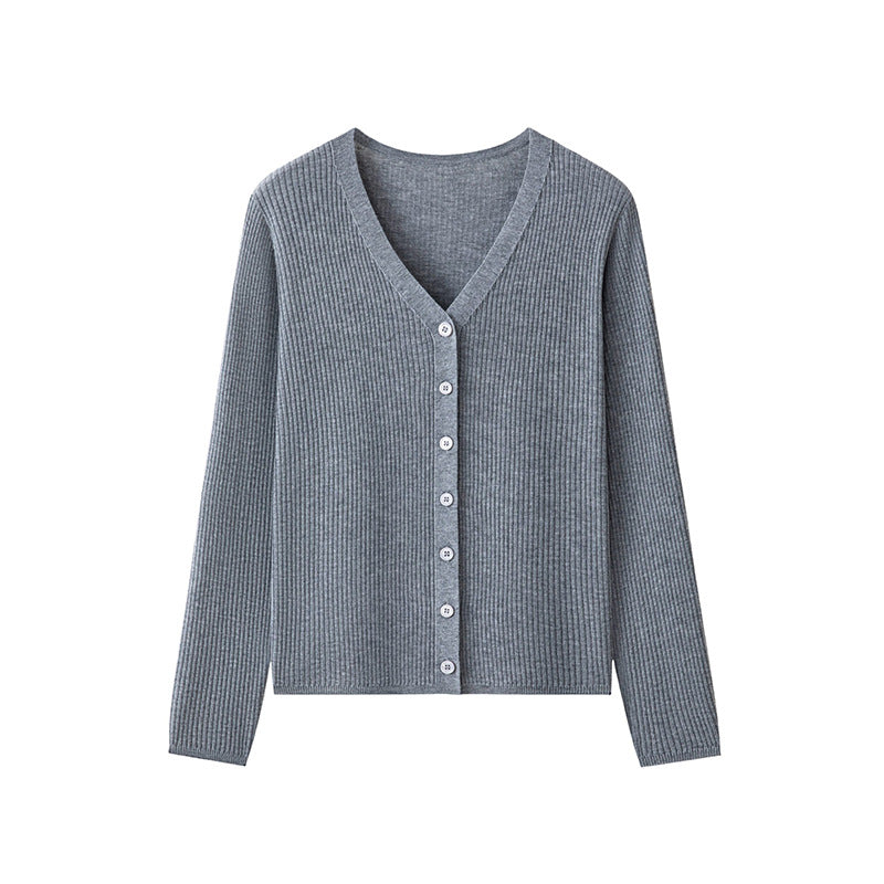 Damen Klassischer Feiner Rippen-Cardigan mit tiefem V-Ausschnitt und schmaler Silhouette Nord Taschen