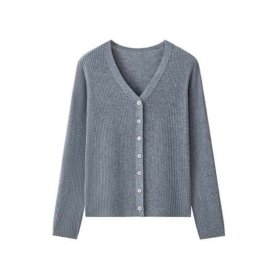Damen Klassischer Feiner Rippen-Cardigan mit tiefem V-Ausschnitt und schmaler Silhouette Nord Taschen
