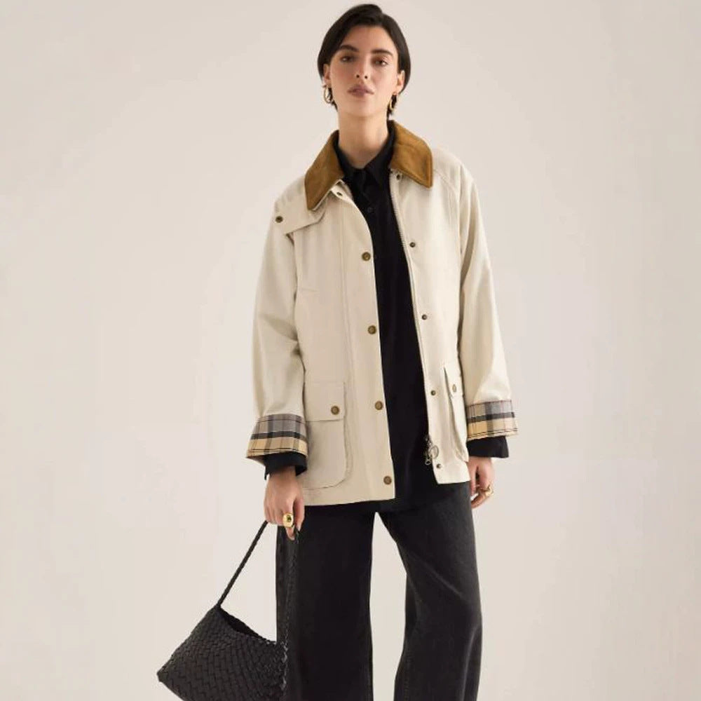 Damen Übergangsjacke mit Cordkragen, Karo-Innenmanschetten und aufgesetzten Taschen Nord Taschen