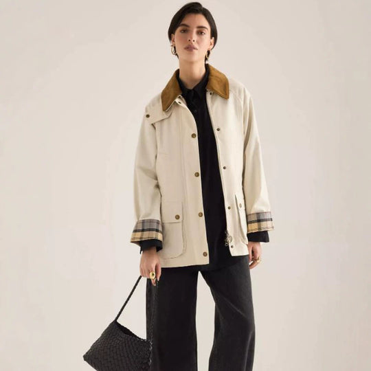 Damen Übergangsjacke mit Cordkragen, Karo-Innenmanschetten und aufgesetzten Taschen Nord Taschen