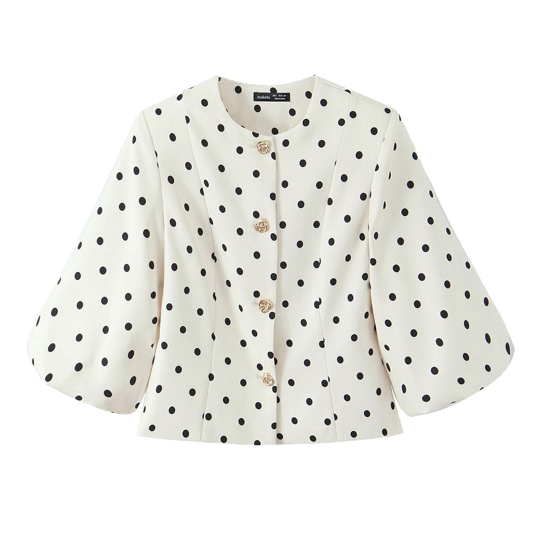 Damen Taillierte Polka‑Dot Blusenjacke mit Volumenärmeln und goldenen Schmuckknöpfen Nord Taschen