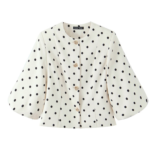 Damen Taillierte Polka‑Dot Blusenjacke mit Volumenärmeln und goldenen Schmuckknöpfen Nord Taschen