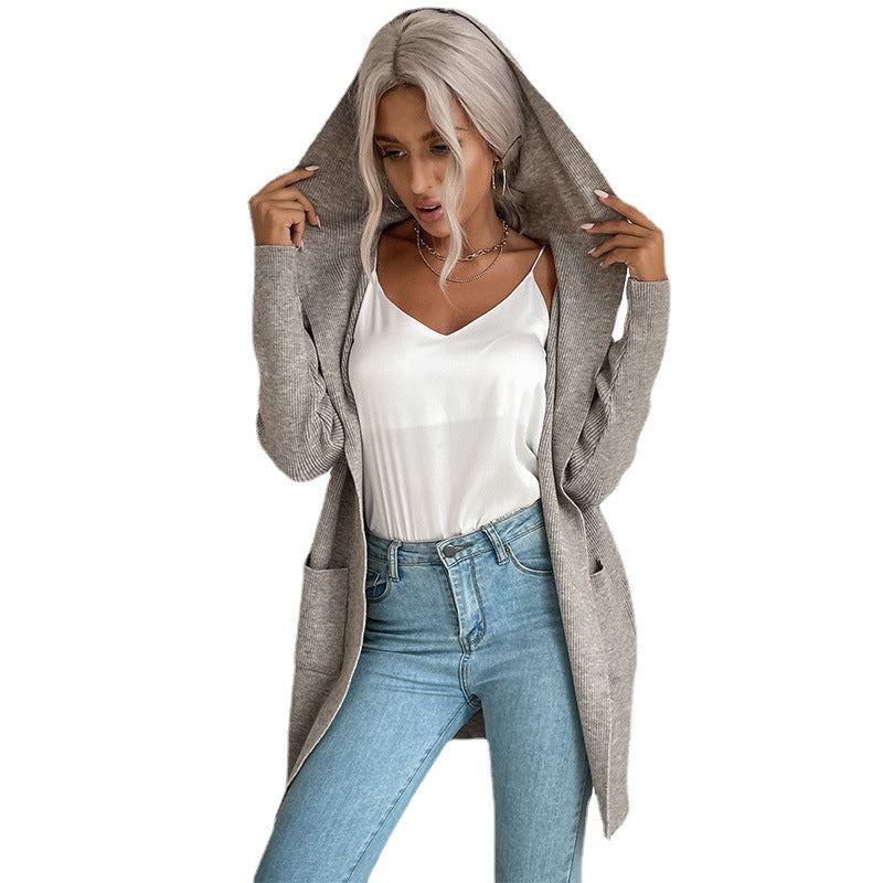 Damen Langärmlige Strickjacke mit Kapuze und seitlichen Taschen