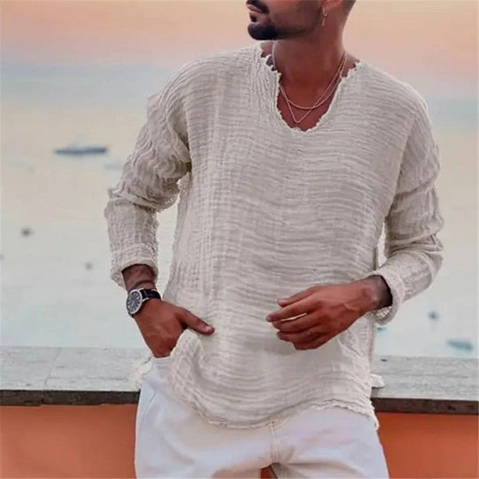 Herren lässiges V-Neck Leinenhemd