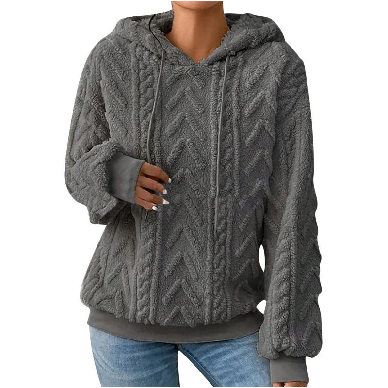 Damen Flauschiger Kapuzenpullover im Zopfmuster mit Oversize-Schnitt Nord Taschen