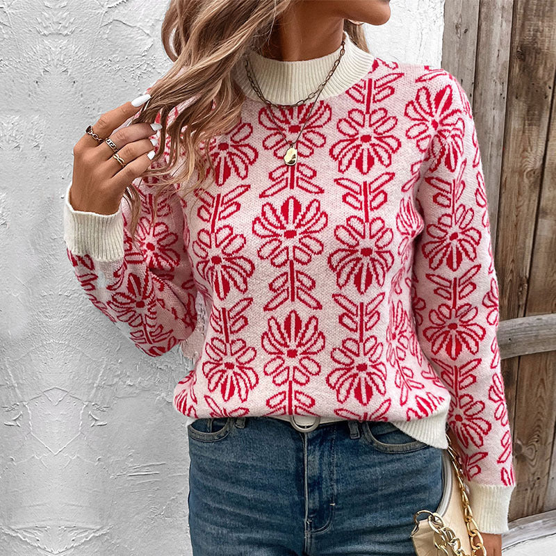 Damen Gestrickter Jacquard-Pullover mit floralem Muster und Rippbündchen Nord Taschen
