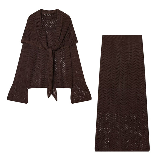 Damen Zweiteiliges Strick-Set mit Wickelcardigan und Midirock Nord Taschen